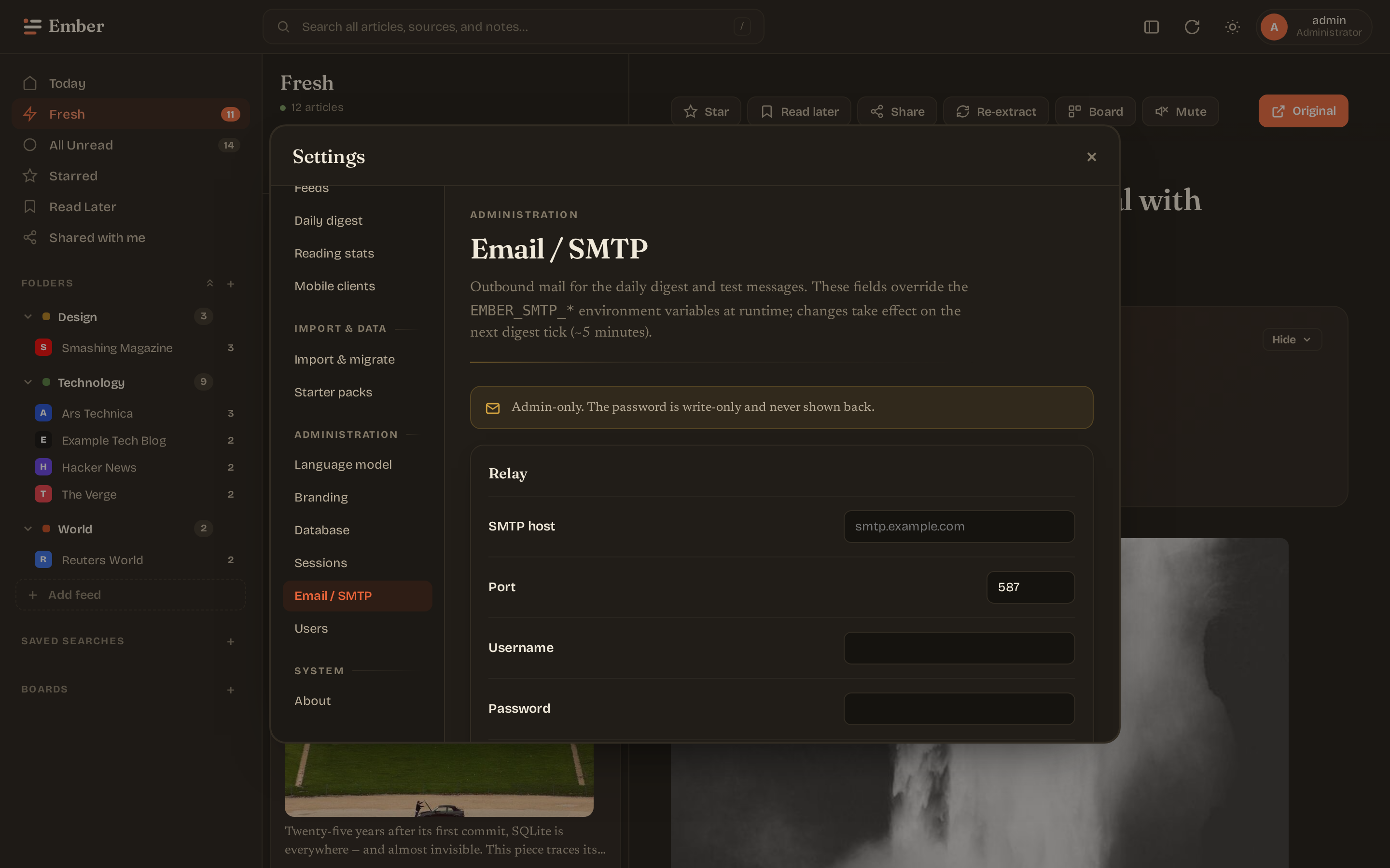 Settings email/SMTP (dark)
