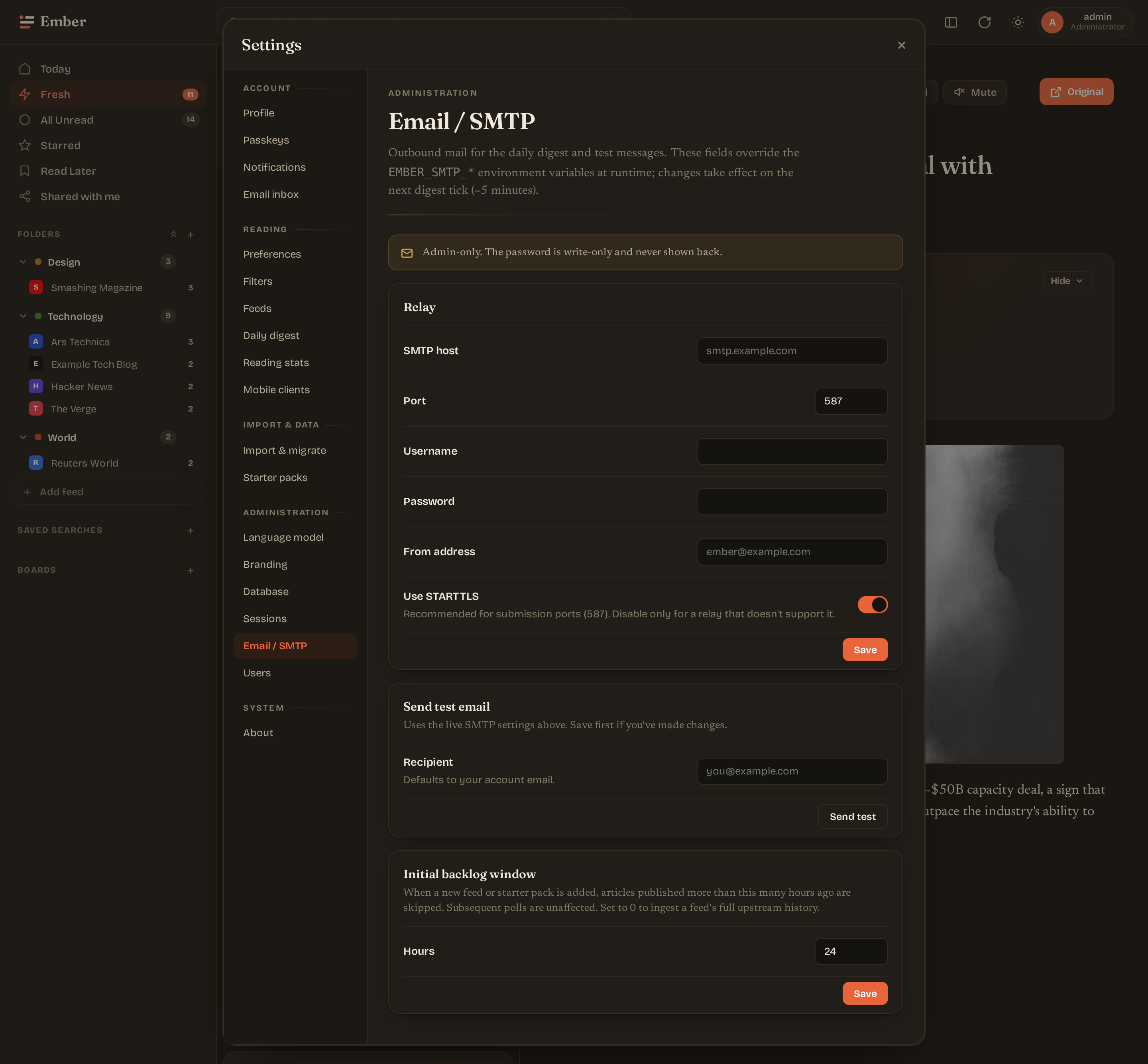 Settings email/SMTP (dark)