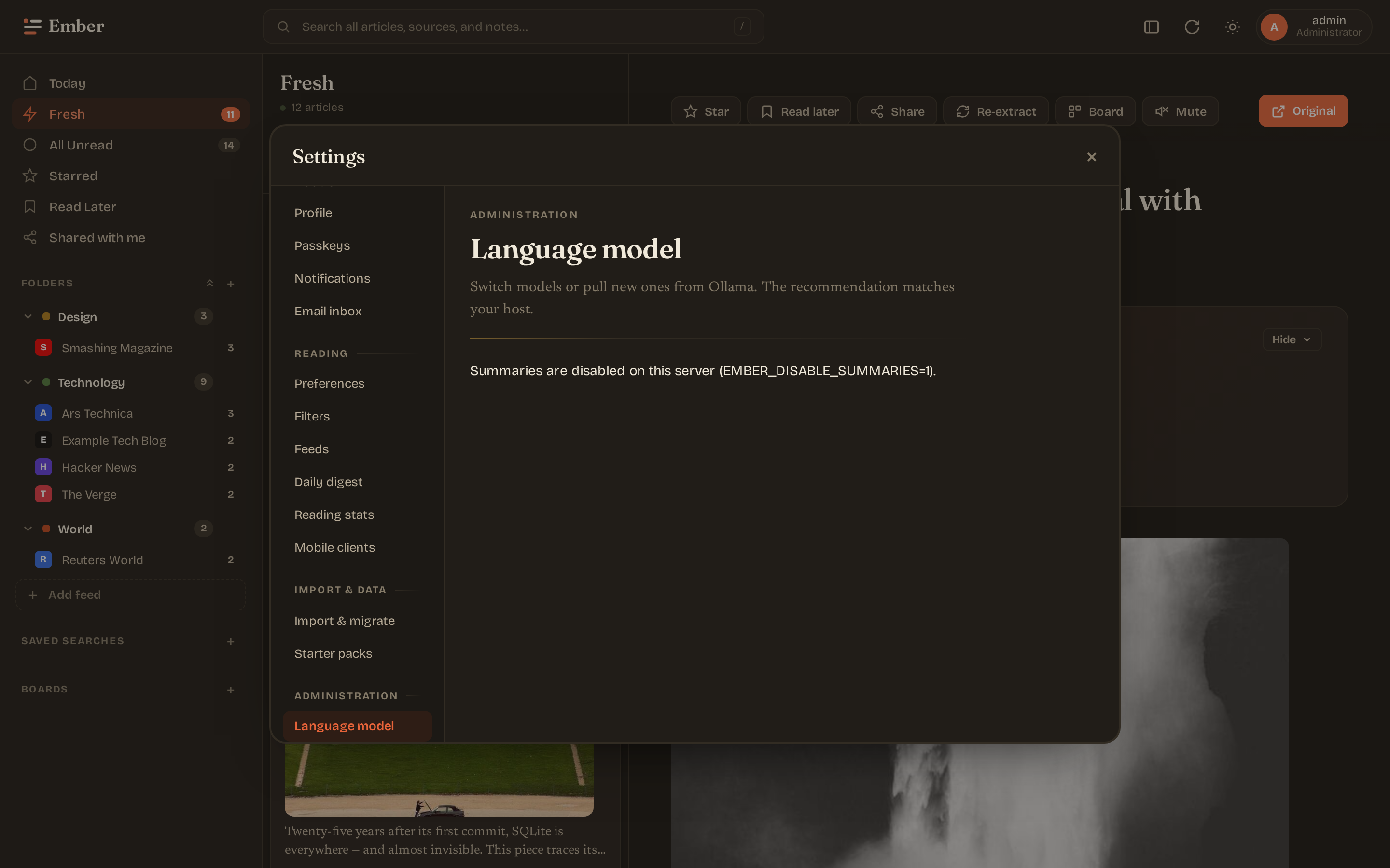 Settings language model (dark)