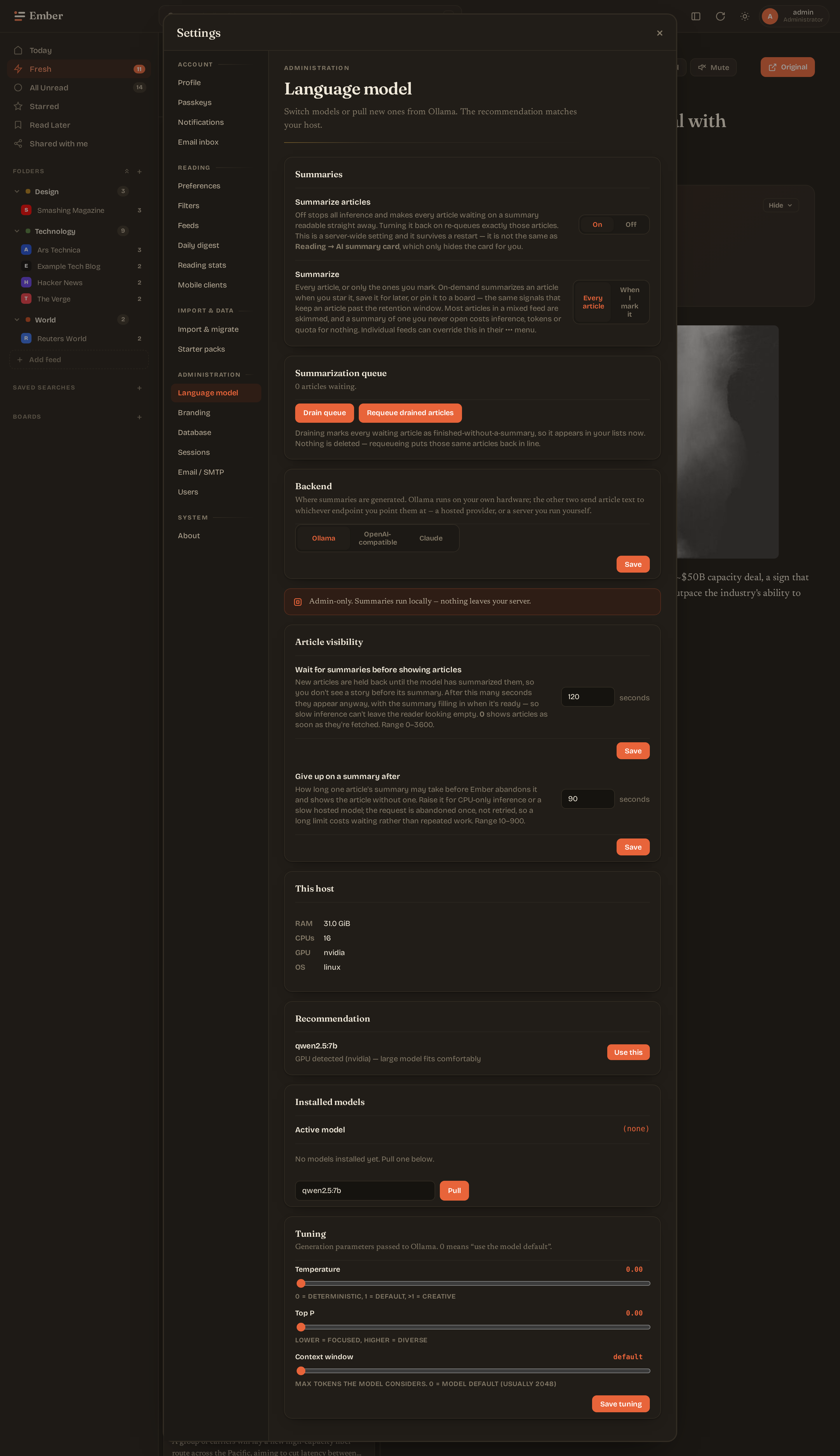 Settings language model (dark)